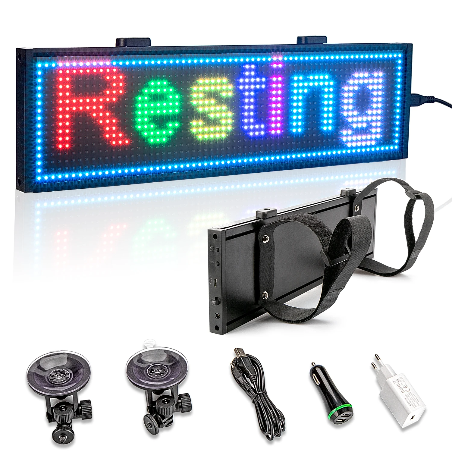 Led Car Sign RGB WiFi or By PC Programmable Scrolling Message Nylon Straps  LED Display For Car Window with Sucker Cups 34CM