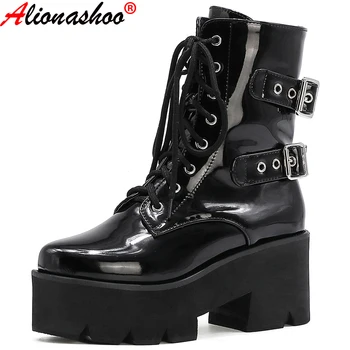

Black platform boots women New gothic boots punk motorcycle booties large sizes 12 43 Botas lace up zipper ankle boots for women