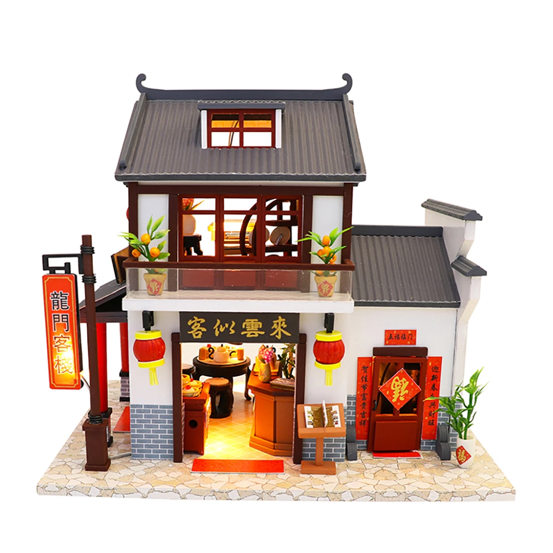

NFSTRIKE DIY Creative Handmade Theme Wooden Cabin Assembly Building Model Toy Set with Light and Music - Dragon Gate Inn
