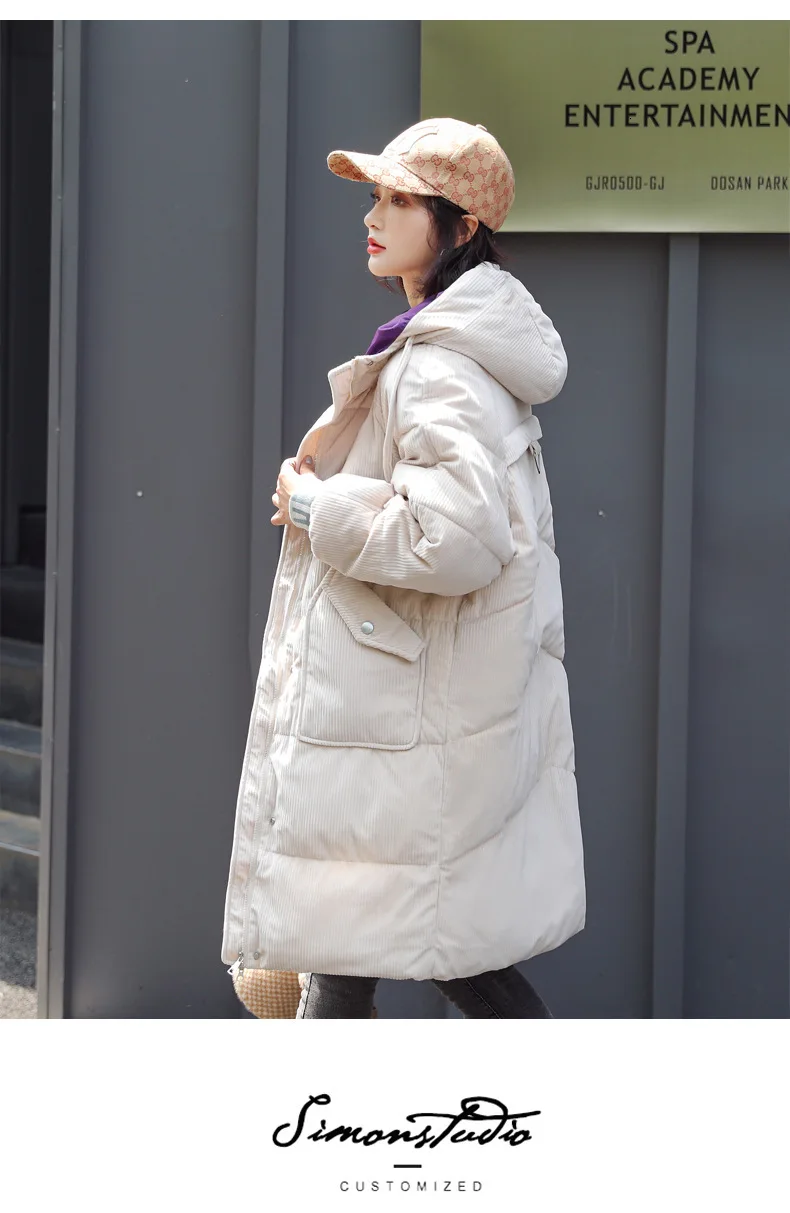 Длинное женское вельветовое зимнее пуховое пальто большого размера с капюшоном, Толстая теплая куртка для пекарни, ватные парки с хлопковой подкладкой, ветрозащитные рукава