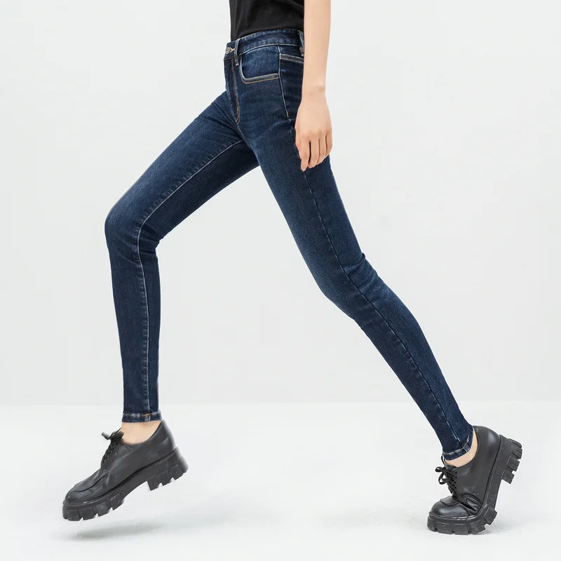 

INMAN 2020 Winter New Arrivals Volcanic Rock Thermal Snug High Waist Thin Plush Women's Jeans