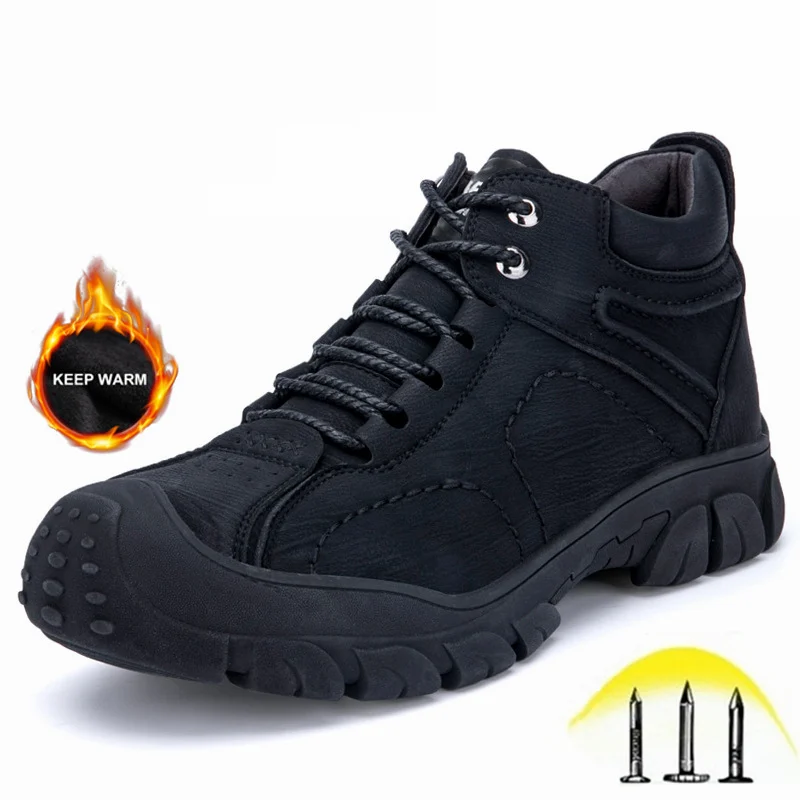 

Men Work Safety Shoes Waterproof and Puncture-Proof Suede Leather Plush Warm Men Winter Boots Indestructible Steel Toe Shoes
