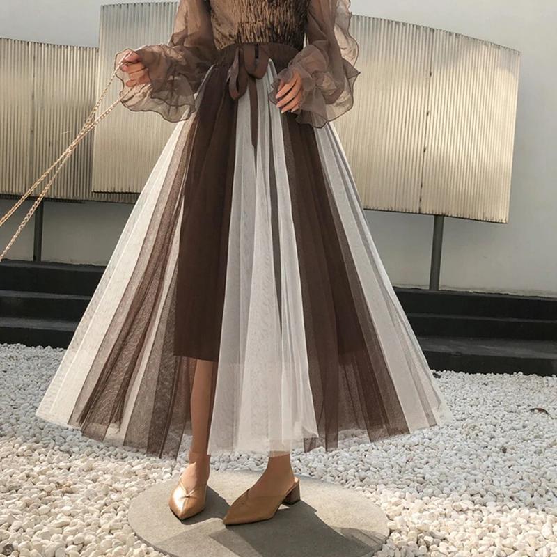 

Summer Women Gradient Color Long Pleated Skirts High Elastic Waist Layered Midi Mesh Candy Contrast Color Skirts