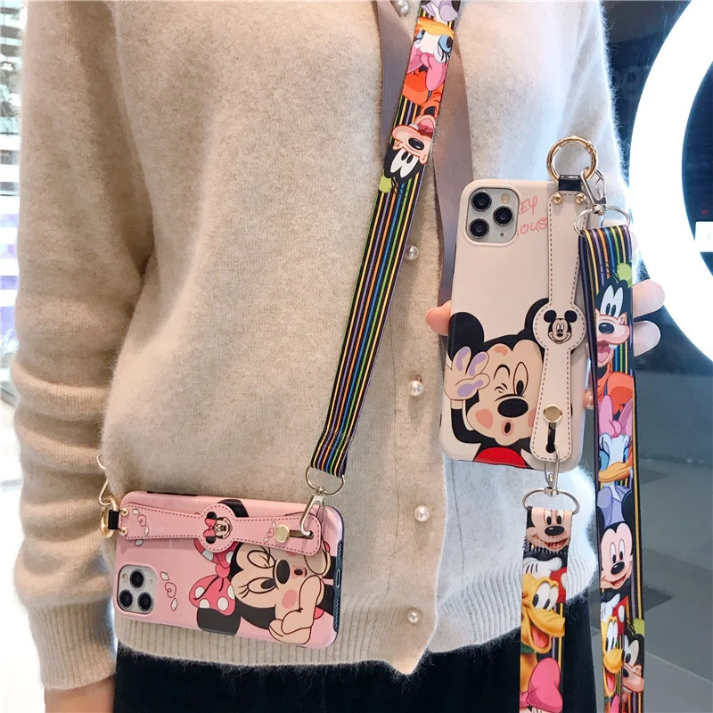 Disney Cartoon Mickey Minnie Mouse Daisy Donald Duck Wrist Strap Lanyard Phone Case For IPhone 12 Pro Max 11 7 8 Plus X XR SE XS