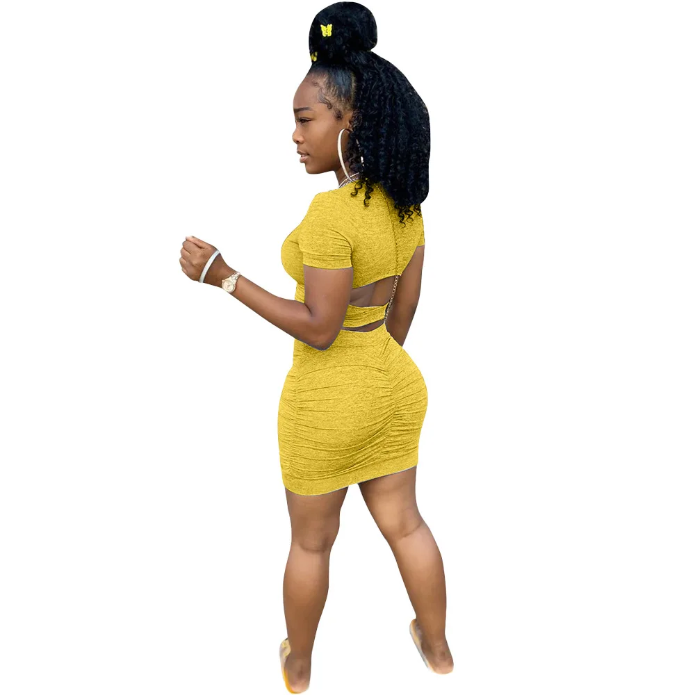2020 Women Summer Elegant Mini Dress High Waist Cross Open Back Stacked Ruched Midi Bodycon Night Club Party Dresses Vestido
