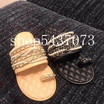 

women shoes 2020 spring summer new brand design women genuine leather Slipper Women Summer Flats Pearl metal design lady Sandals