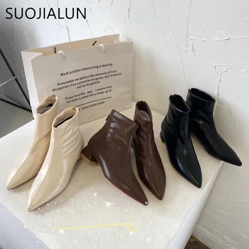 

SUOJIALUN 2021 Fashion Women Short Boots Pointed Toe Zipper Ankle Boots Casual Square Low Heel Autumn Winter Female Chelsea Boot