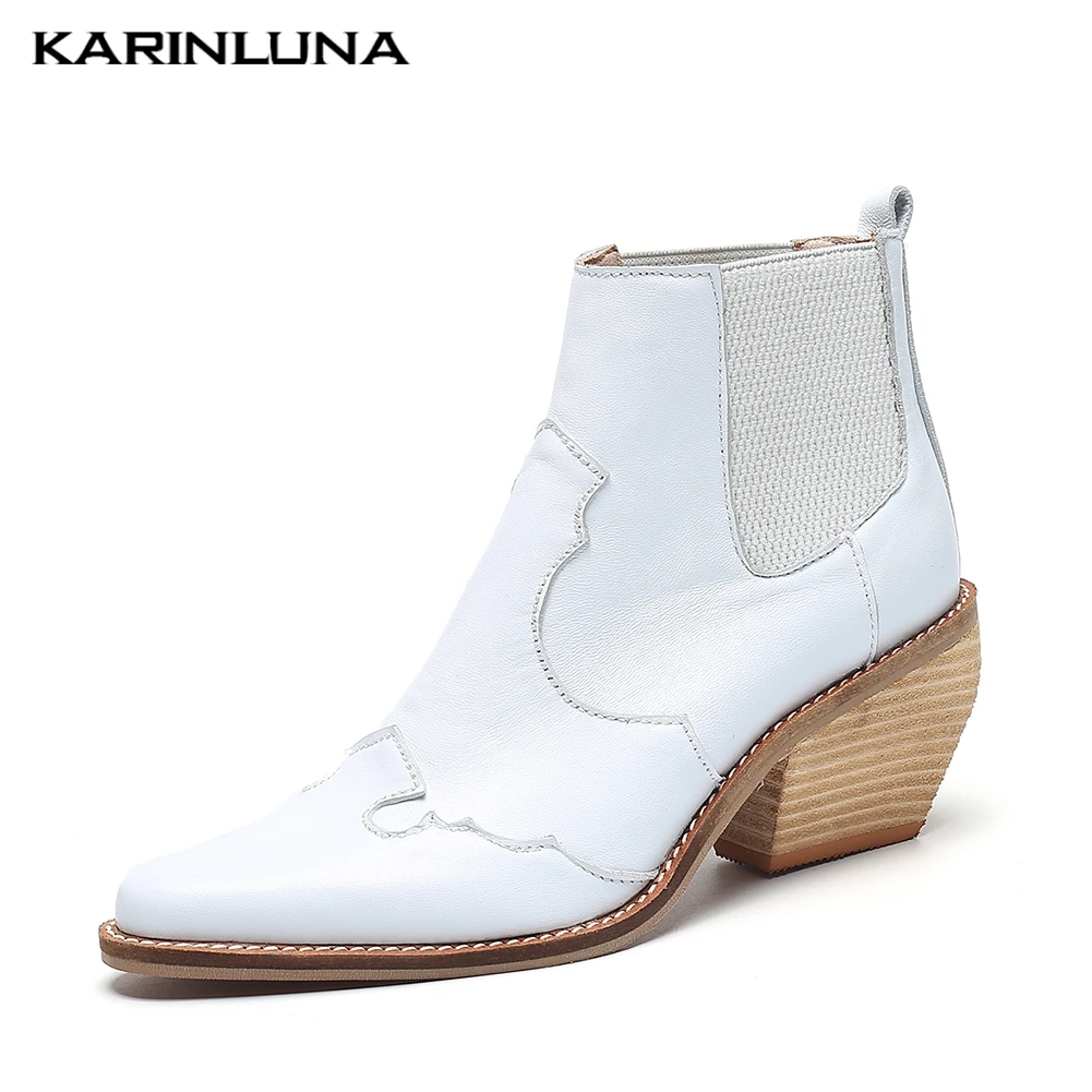 

Karinluna Brand New Plus Size 43 Ankle Boots Women Shoes Genuine Leather Lady Square Heels Chelsea Boots Female Shoes Woman