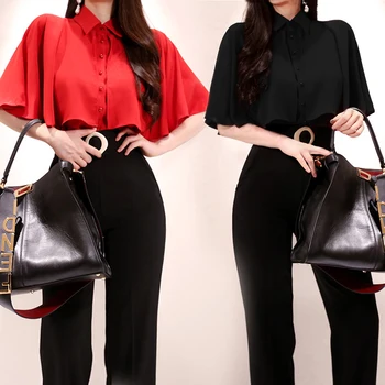 

COIGARSAM Sleeveless Womens tops Summer Turn-down Collar Women shirts Red Black Shirt 2618