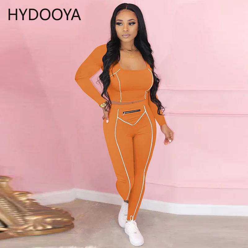 Bright Line Decoretion Women Casual Tracksuits Fitness Two Piece Set Low Neck Long Sleeve Crop Top and Skinny Sport Trouser Suit