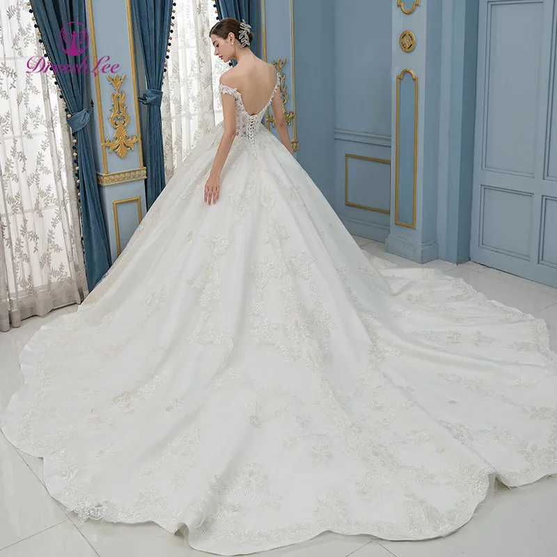 DressbLee Роскошное свадебное платье с длинным шлейфом и кружевом, декольте до плеч и принцесса