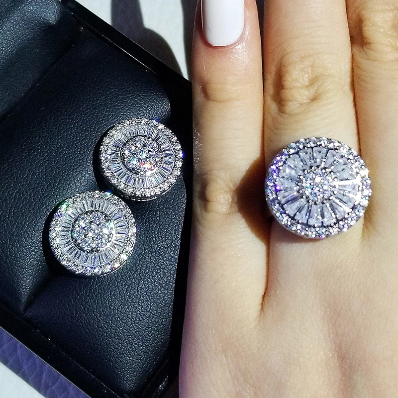 Jewelry-Set Stud-Earring Cushion Zircon Engagement-Ring Gift 925-Sterling-Silver Women