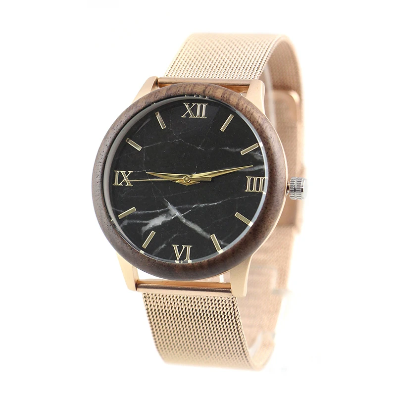 

2020 birthday gift minimal ladies roman numeral rose gold color mesh band marble dial walnut wood watch for women