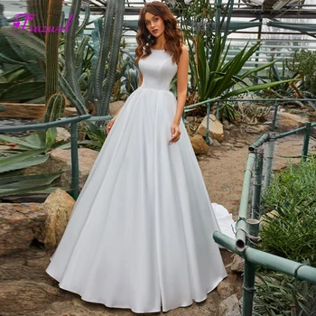 

New Romantic Scoop Neck Backless Satin Court Train A-Line Wedding Dresses 2020 Luxury Sashes Beaded Appliques Vintage Bride Gown