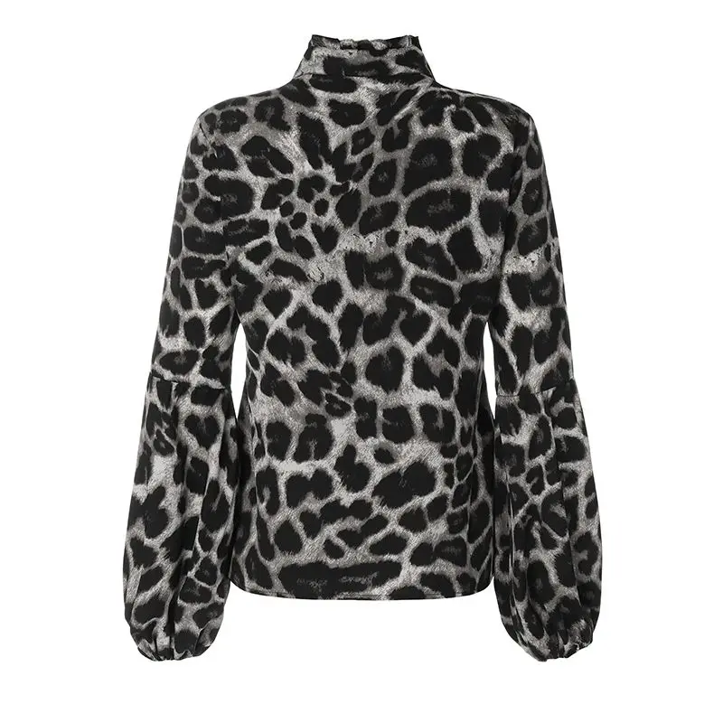 Модная рубашка с длинным рукавом-фонариком, женская сексуальная блуза с леопардовым принтом, осень, высокая горловина, Повседневная Свободная блуза размера плюс, Топ