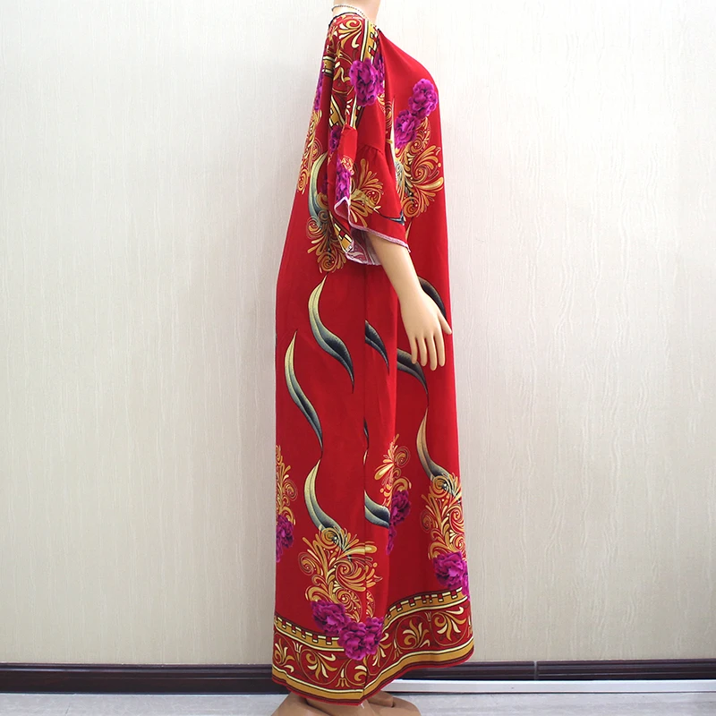 Африканский Дашики Модный Новое поступление красный хлопок o-образным вырезом цветочный принт бабочка рукав женские осенние длинные платья с большим шарфом