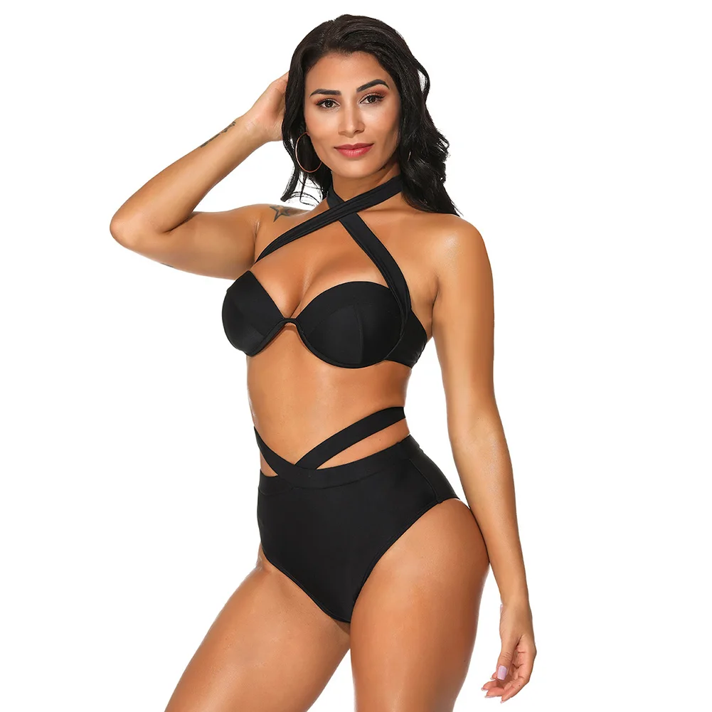 

2020 Hot Sale Black Swimwear Women High Waist Bikini Set Bandage High Waist Bathing Suits Two Pieces Summer Beachwear Dropship