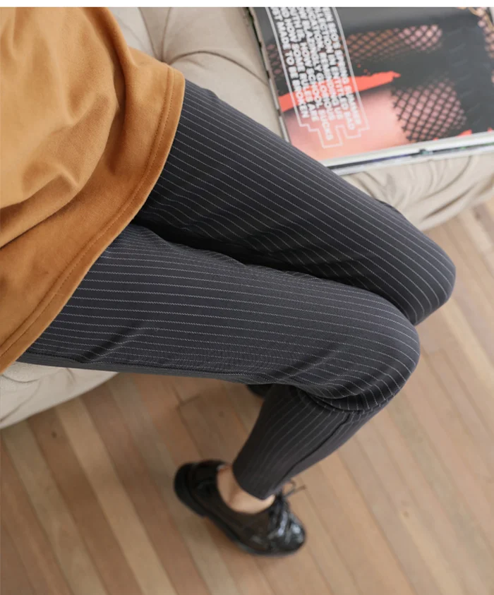 Winter Warm Leggings Women High Waist Stretch Striped Printed Pencil Pants Thicken Skinny Female Trousers