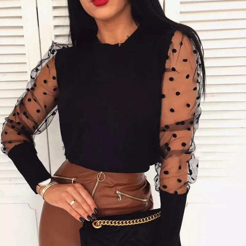 Women Puff Mesh Sleeve Tops Pullover Sweater 2019 Autumn Warm Knitwear Fashion Female Slim Long Jumper | Женская одежда