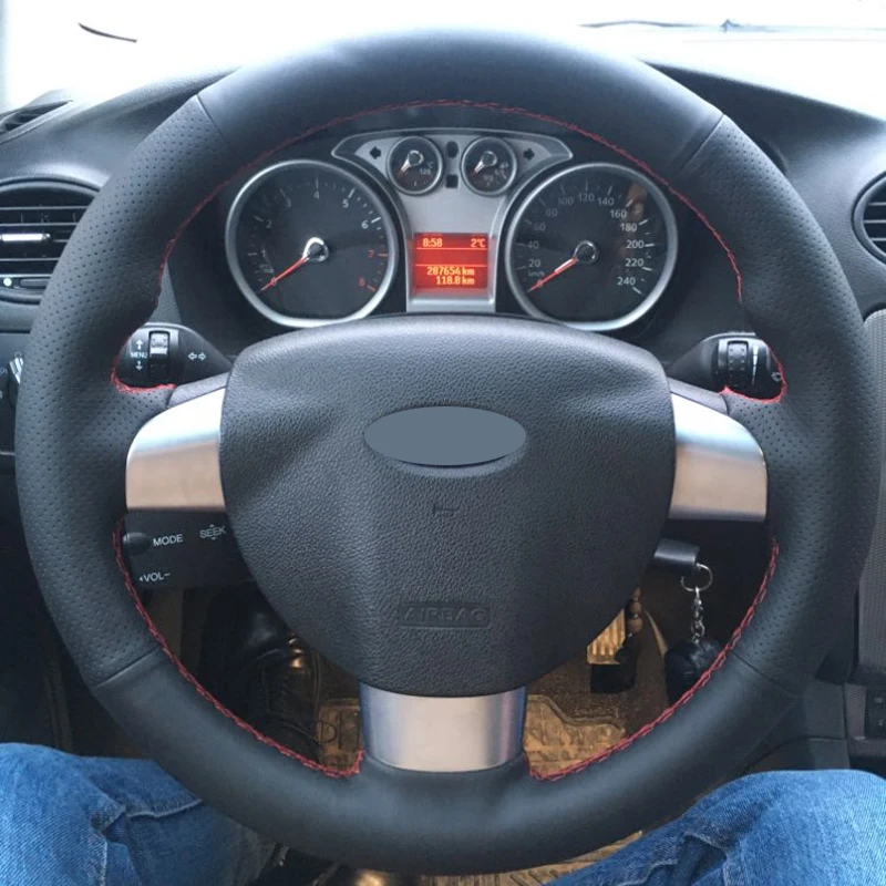 

Free Shipping High Quality Cowhide Top Layer Leather Handmade Sewing Steering Wheel Cover Protect For Ford Focus