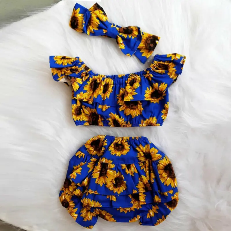 

New Summer Toddler Clothes Sets Baby Girl Flamingo Ruffle Tops +Layered Pants + Headband Kids 3Pcs Outfits Kids Clothing