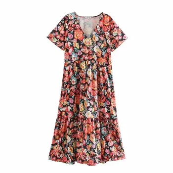 

New 2020 women vintage v neck short sleeve floral print straight dress chic female pleats vestidos casual party dresses DS3704