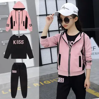 

Children Girls Sport Suits Letter Hooded Coat Pants 3pcs Clothing Sets 2019 Spring Teens Girls Tracksuits 5T 8 10 12 T Years