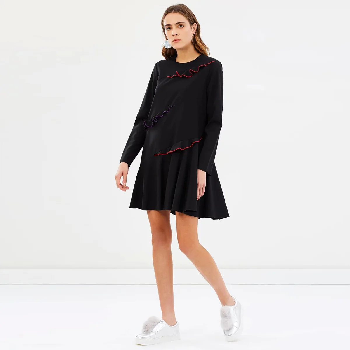 

2019 Autumn New Style Europe And America Women's Simple Sweet Irregular Color Edge Flounced Dress