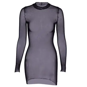 

Women Sexy Sheer Mesh Long Sleeve Mini Pencil Dress Mock Neck Bikini Cover Up High Quality