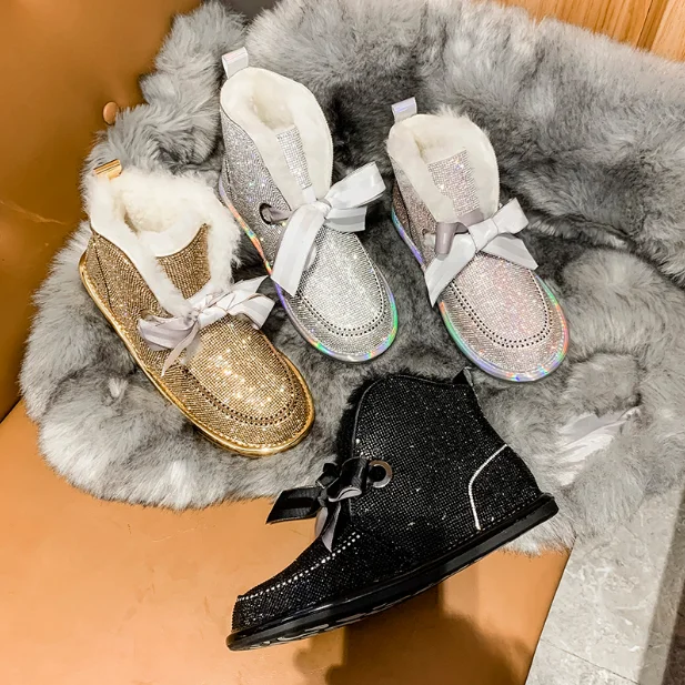 

2020 new winter wool boots leather horse short boots snow boots women's boots warm full of rhinestones plus velvet cotton shoes