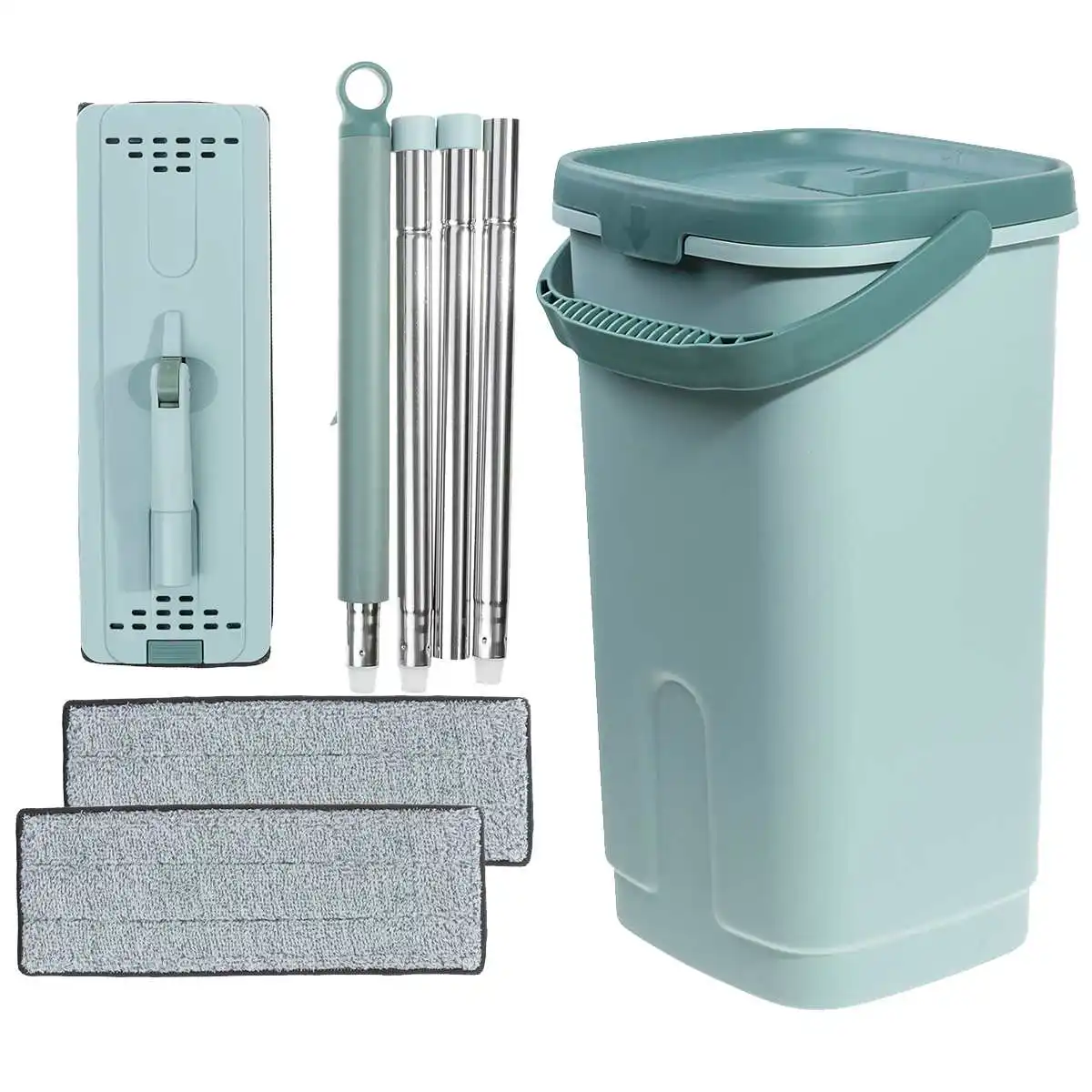 Cleaning Mops with Bucket Floors Squeeze Flat Mop with Water Home Kitchen Floor Cleaner House Cleaning Tools with 2PCS Pad - Color: Sky blue