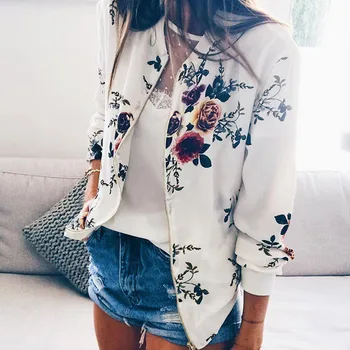 

Womens Fashion Casual Retro Floral Zipper Up Bomber Jacket Coat Outwear M0823
