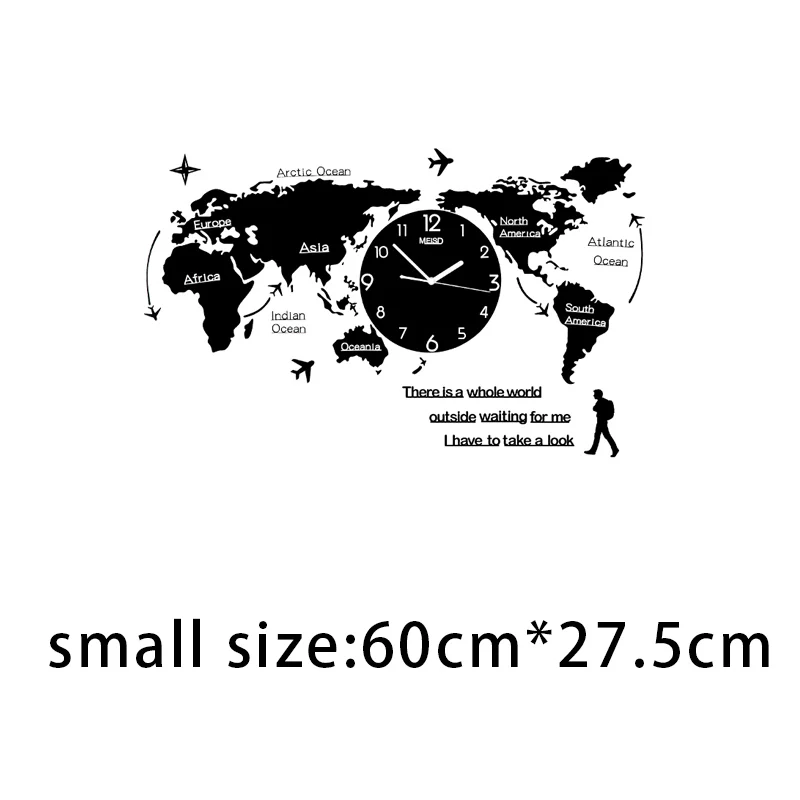 Black60x27.5cm MEISD Креативные 3D карты мира большие настенные часы Самолет Современный дизайн Акриловые ультра тихие большие декоративные настенные часы - Цвет: Black60x27.5cm