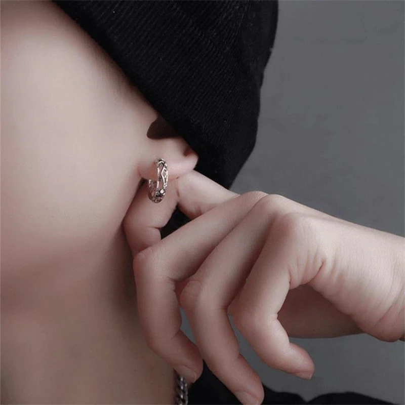 KOFSAC New Vintage Punk Creative Hollow Black Gold Dragon Hoops Jewelry 925 Sterling Silver Earrings For Men Party Accessories