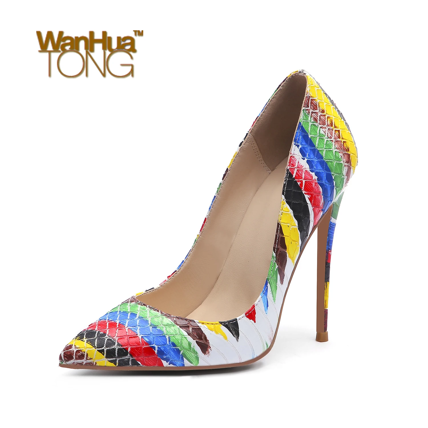 

Wanhuatong Fashion Wedding Party Sexy Pointed Toe Stiletto Heel Pumps Rainbow Striped Size45