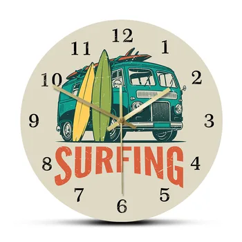 

Surfing Time Vintage Car Kombi Camper Van Surfing Wall Clock Summer Travel Van And Surfboard Modern Surf Home Decor Silent Clock