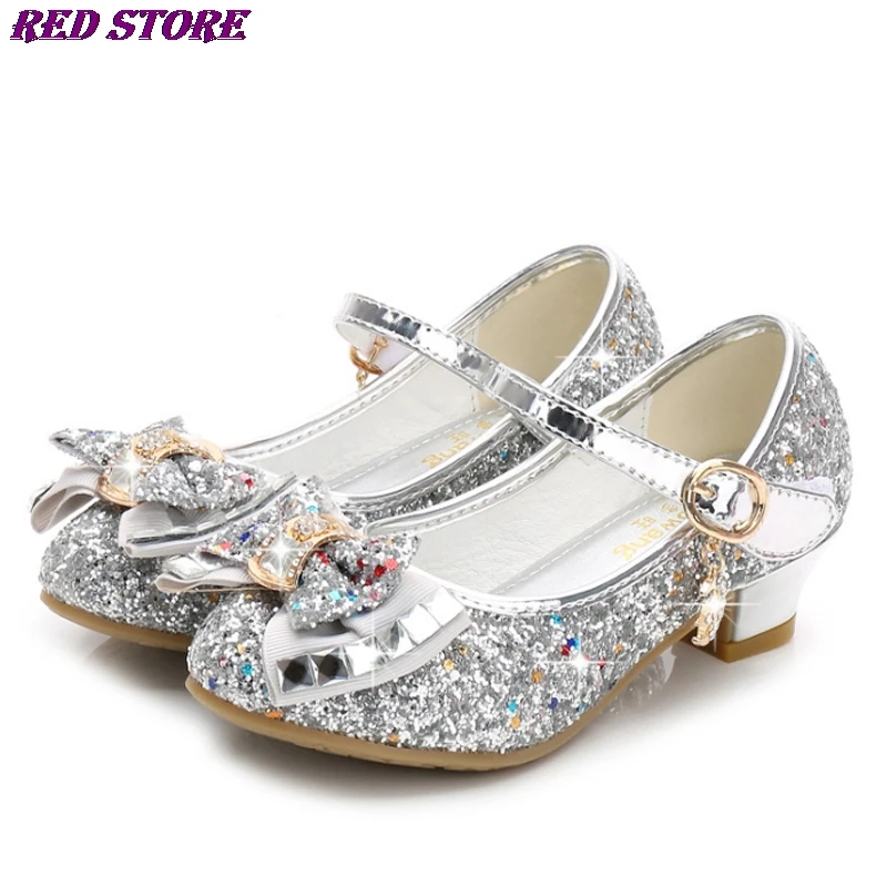 Детские кожаные туфли принцессы для девочек повседневные блестящие с цветами на