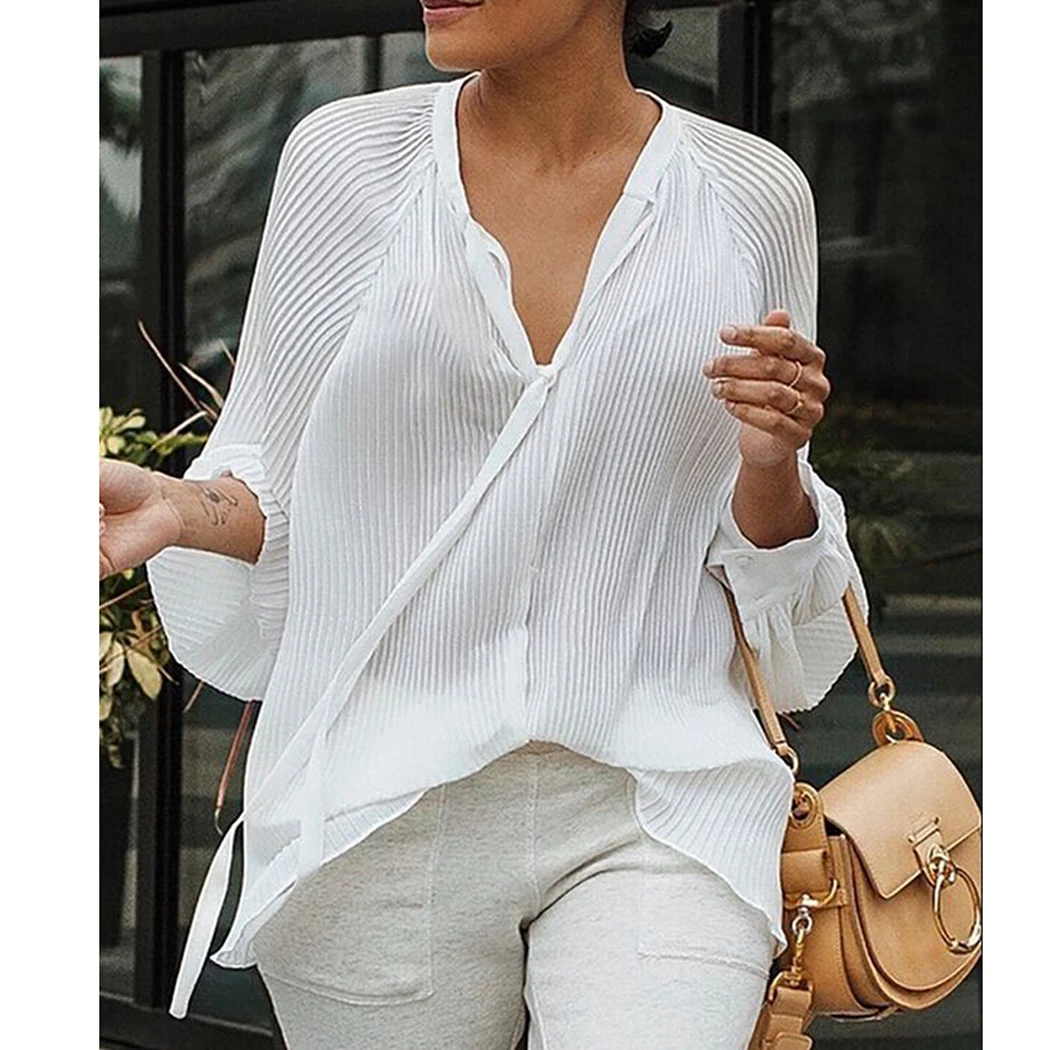 

Ladies V-Neck Loose Striped Shirts Autumn Casual Lace Up White Chiffon Blouse Womens Spring Fashion Long Sleeve Tops And Blouses