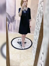  SAMGPILEE Elegant Dresses For Women 2021 New Crocheted Peter Pan Collar Slim Hem Pleated Slimming Autumn Dress Female Vadim 4XL 