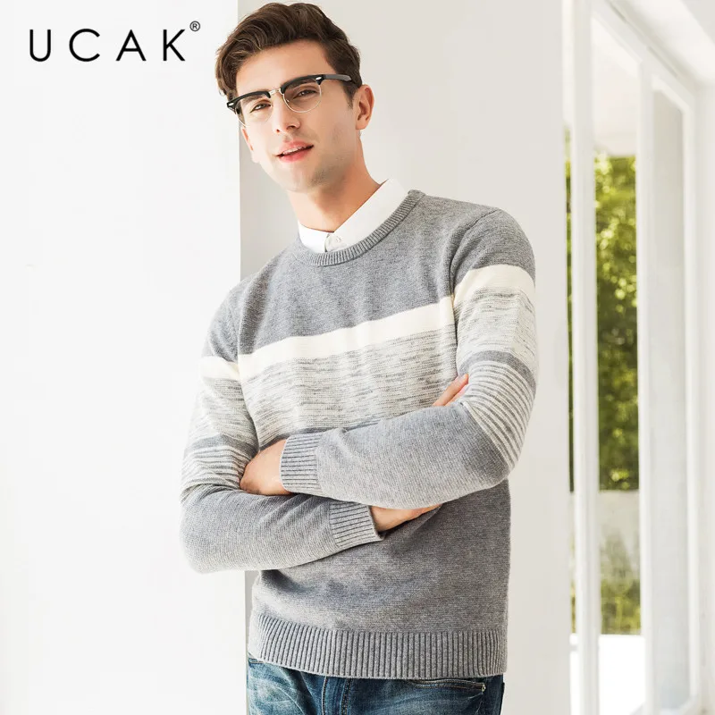 Seller UCAK Brand Sweater Men Shirt Collar Twinset Pull Homme Autumn Winter Thick Knitwear Pullover Men Soft Cotton Jersey Hombre U1006
