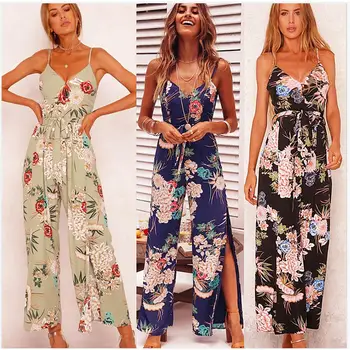 

Women's Floral Printed Summer Leg Split Long Rompers Loose V Neck Sling Jumpsuit