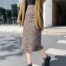 Зимняя винтажная Женская юбка с леопардовым принтом, Повседневная Корейская прямая юбка Harejuku с высокой талией, элегантная юбка до середины икры в стиле ампир