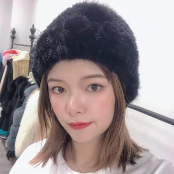 

Winter Womens Real Natural Mink Fur Hats Genuine Mink Fur Knitted Cap Fashionable Ladies Furry Beanie Fur Caps