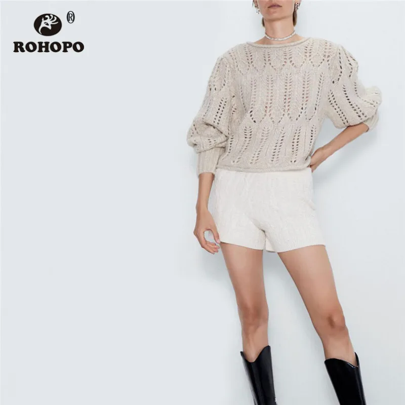 

ROHOPO High Waist Elasticity Knitted Dobby Cotton Shorts White Grey Female Autumn Solid Chic Mini Shorts #1790