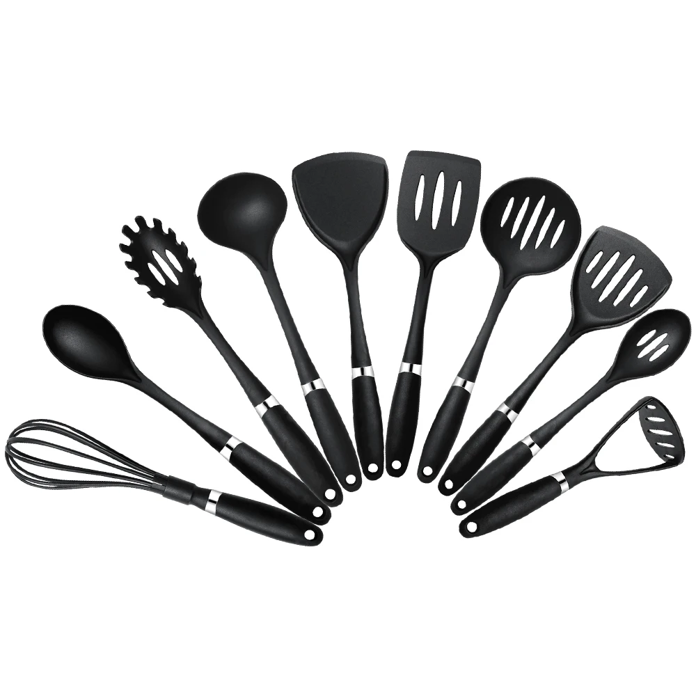 

10PCS Cooking Tools Set High Temperature Resistant Nylon Kitchenware Shovel Turners Kit Black Cookware Utensils Kitchen Supplies