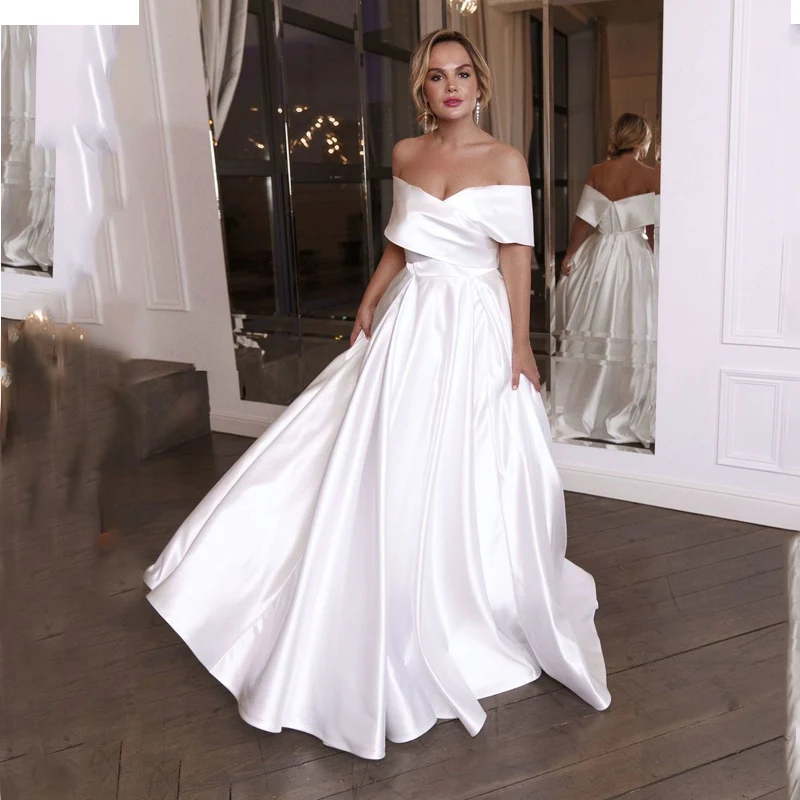 

Verngo Simple A Line Satin Wedding Dress 2020 Plus Size Off the Shoulder Bride Dress Sleeves Custom Marry Dress Vestido de noiva