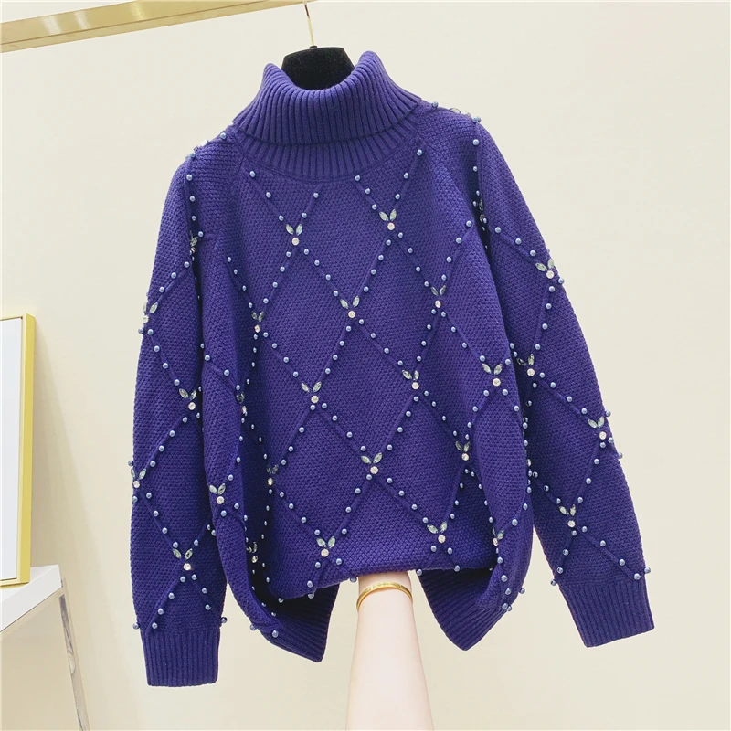 

2020 Women Turtle-Neck Rhinestone Sweater Women's Super Fairy Hand-Made Beaded Pullover Sweater Sweaters Loose Pull