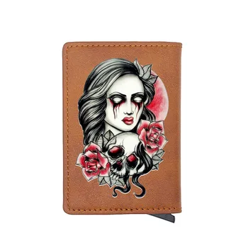 

Unique Rose Flower Girl Design Digital Printing Leather Mini Card Holder Wallet Vintgae Charm Men Women Small Money Bag Gift