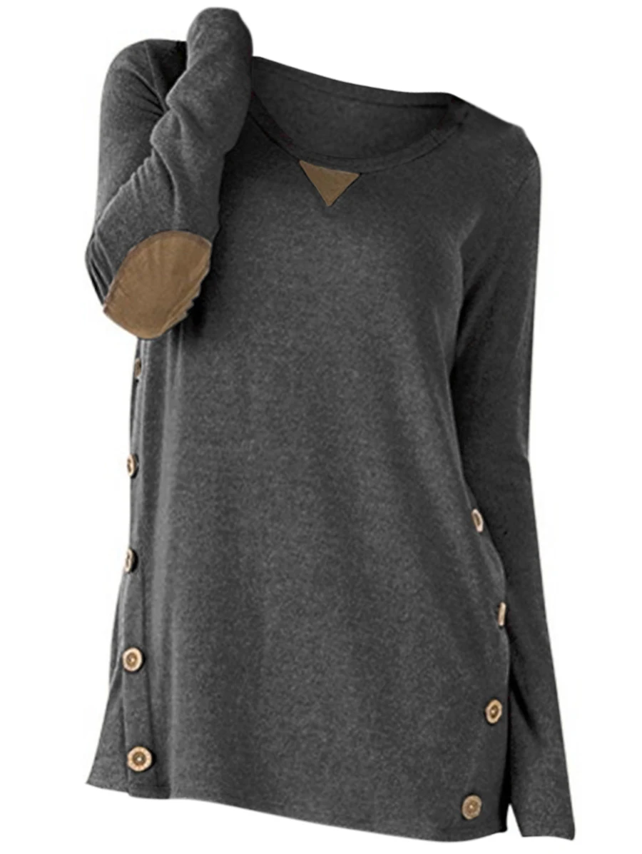 ROSEGAL размера плюс кнопки с локтевыми заплатами Меланжевая футболка футболки с длинными рукавами; одежда с длинным рукавом круглый вырез горловины женские топы на весну-осень - Цвет: Gray
