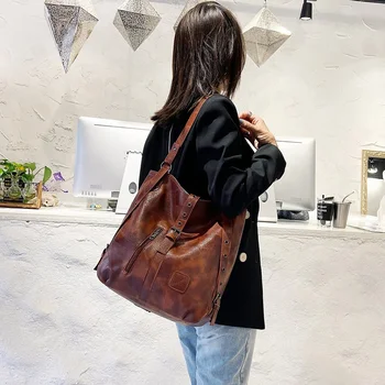

Vintage PU Leather Women Totes Large Capacity Female Shoulder Top-handle Bags Multi-function Fashion Backpacks
